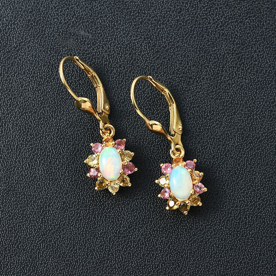 AA Natürlicher, äthiopischer Welo Opal, Mehrfarbig-Turmalin Ohrringe 925 Silber vergoldet ca. 1.36 ct