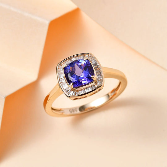 AAA Tansanit, Weißer Diamant Ring 585 Gold (Größe 20.00) ca. 1.55 ct