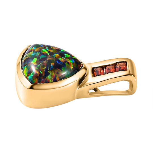 Labor erstellt schwarzen Opal, Roter Granat Anhänger 925 Silber 750 Gelbgold Vermeil ca. 2,03 ct.