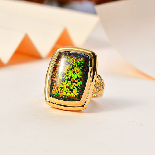 Lab Grown schwarzen Opal, Weißer Zirkon Ring, 925 Silber 750 Gelbgold Vermeil (Größe 17.00) ca. 5.73 ct