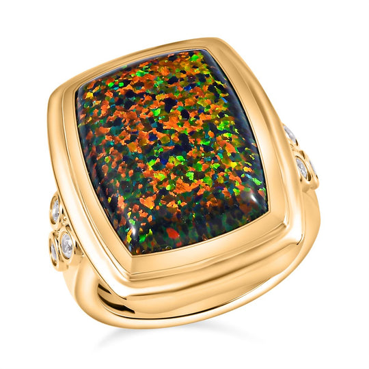 Lab Grown schwarzen Opal, Weißer Zirkon Ring, 925 Silber 750 Gelbgold Vermeil (Größe 17.00) ca. 5.73 ct