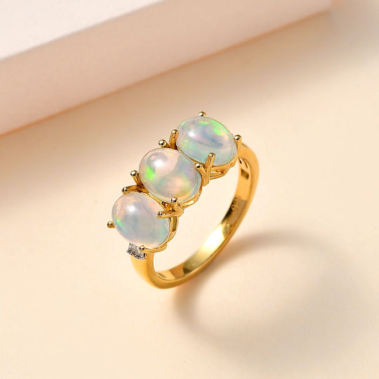 AA Natürlicher, äthiopischer Welo Opal, Weißer Diamant Ring, 925 Silber 750 Gelbgold Vermeil (Größe 21.00) ca. 2.34 ct