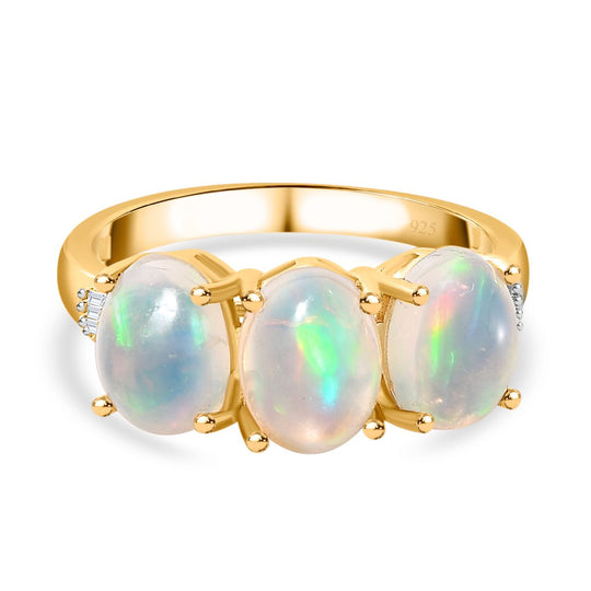 AA Natürlicher, äthiopischer Welo Opal, Weißer Diamant Ring, 925 Silber 750 Gelbgold Vermeil (Größe 21.00) ca. 2.34 ct