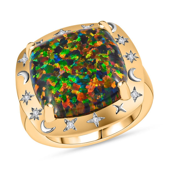 Lab Grown, schwarzen Opal, Weißer Zirkon Ring, 925 Silber 750 Gelbgold Vermeill (Größe 18.00) ca. 5.10 ct