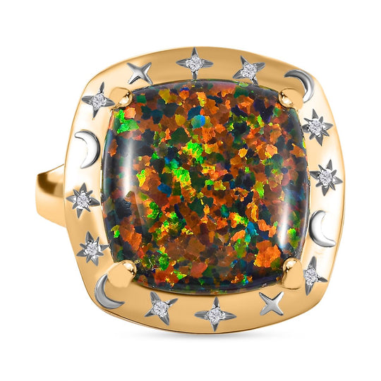 Lab Grown, schwarzen Opal, Weißer Zirkon Ring, 925 Silber 750 Gelbgold Vermeill (Größe 18.00) ca. 5.10 ct
