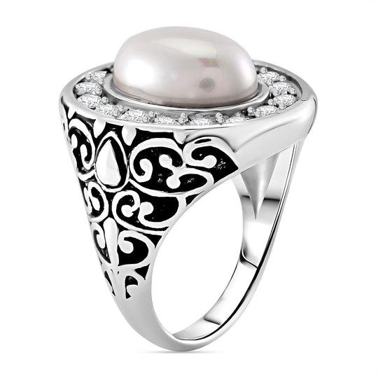 Weißer Zirkonia, Weiße Muschelkernperle Ring Reiner Edelstahl (Größe 16.00)