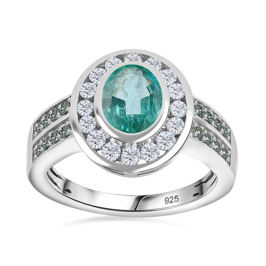 Smaragd, Moissanit Ring, 925 Silber rhodiniert (Größe 21.00) ca. 1.91 ct