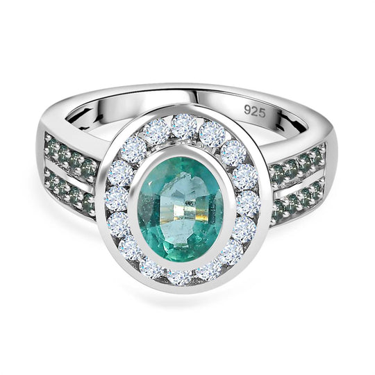 Smaragd, Moissanit Ring, 925 Silber rhodiniert (Größe 21.00) ca. 1.91 ct