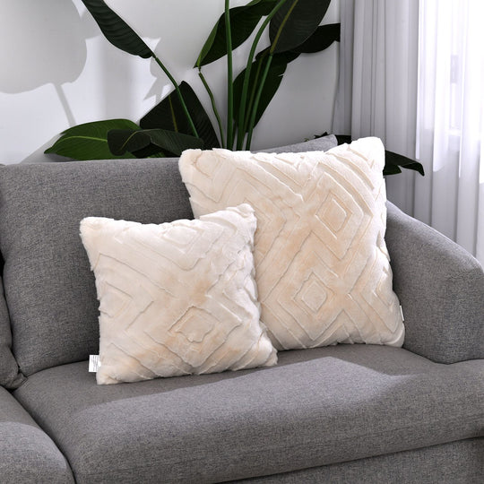 Superweicher Mikroplusch 2er Set Sofa-Kissenbezüge mit Rautenmuster, 45 x 45 und 60 x 60 cm, Hellbraun