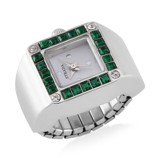 STRADA - Ringuhr mit Neongrüner Kristall und Weißkristall, Japanischem Uhrwerk, 7.5 cm, Reiner Edelstahl