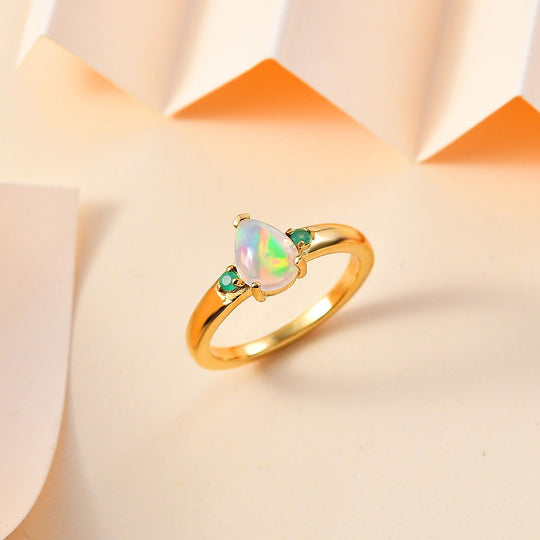 AA Natürlicher, äthiopischer Welo Opal, Kagem Sambischer Smaragd Ring, 925 Silber platiniert ca. 0.72 ct