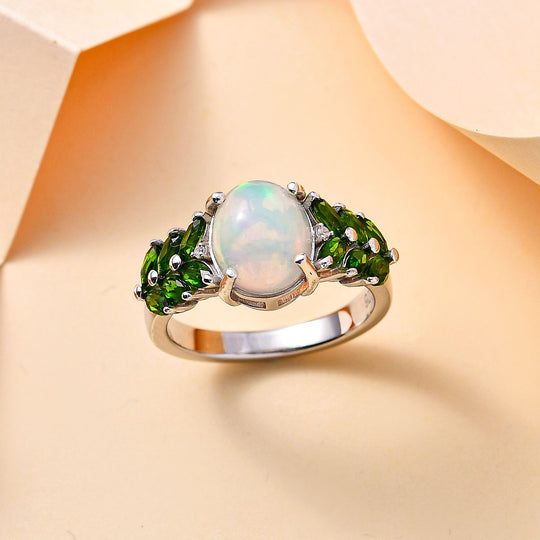 AA Natürlicher, äthiopischer Welo Opal, Natürlicher Chromdiopsid Ring 925 Silber rhodiniert (Größe 18.00) ca. 2,74 ct