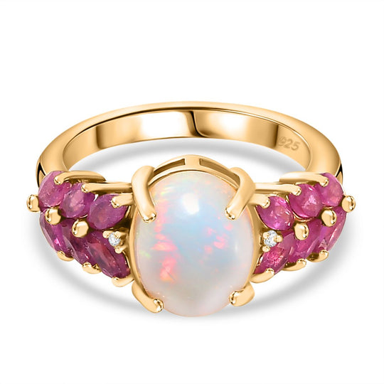 AA Natürlicher, äthiopischer Welo Opal, Afrikanischer Rubin (Fissure gefüllt) Ring 925 Silber 750 Gelbgold Vermeil (Größe 19.00) ca. 3,12 ct