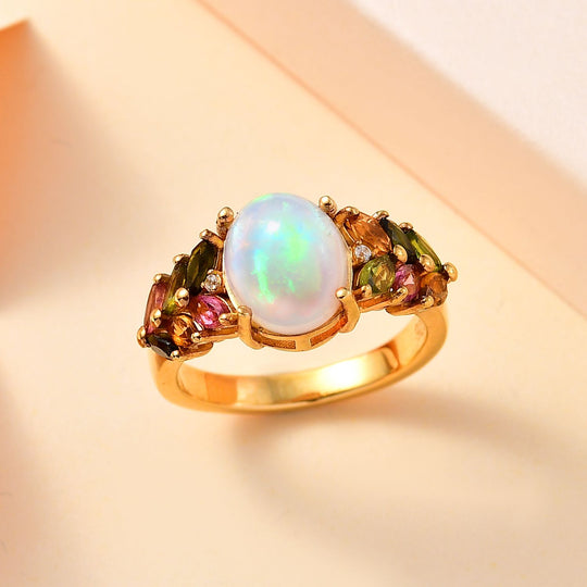 AA Natürlicher, äthiopischer Welo Opal, Mehrfarbig-Turmalin Ring 925 Silber 750 Gelbgold Vermeil (Größe 21.00) ca. 2,70 ct