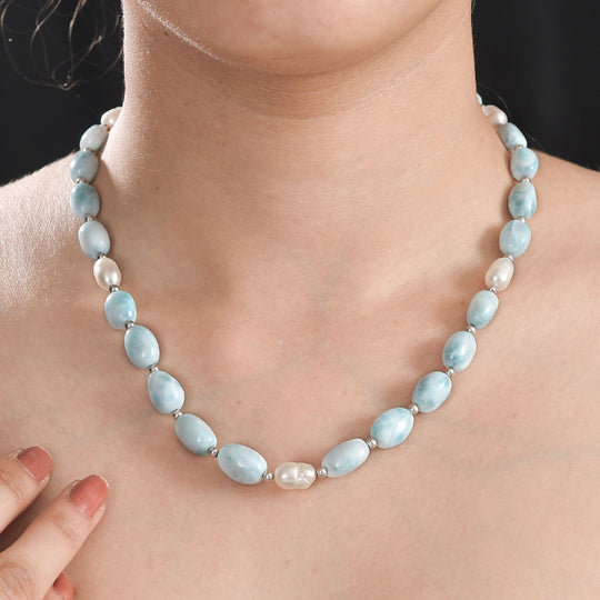 limitierte Auflage - AA Larimar, Perle Halskette ca. 45 cm 925 Silber rhodiniert