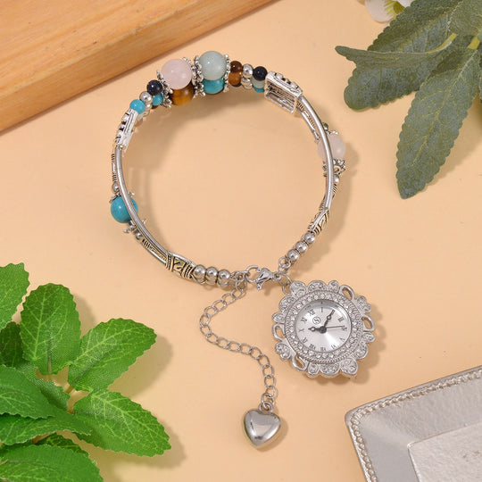 STRADA - Mehrfarbige-Edelstein verstellbare Perlenarmbanduhr mit Legierungsgehäuse und japanischem Uhrwerk, 17-21 cm Reiner Edelstahl
