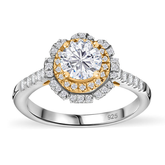 Moissanit Ring 925 Silber Rhodiniert und 750 Gelbgold Vermeil (Größe 21.00) ca. 1.34 ct