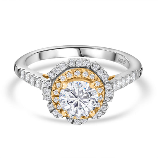 Moissanit Ring 925 Silber Rhodiniert und 750 Gelbgold Vermeil (Größe 21.00) ca. 1.34 ct