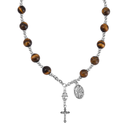 Tigerauge Rosenkranzkette mit Kreuzanhänger und Medaillon, ca. 45 cm+ 5 cm Extender, ca. 180.00 ct