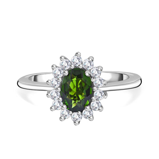 Natürlicher Chromdiopsid, Moissanit Ring, 925 Silber rhodiniert , ca. 1.10 ct