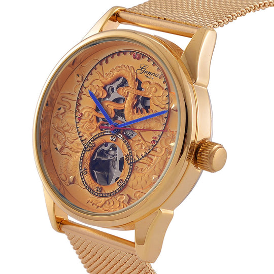 GENOA TIME V2 - Automatische mechanische Uhr mit Drachenmuster und Edelstahl-Mesharmband, 23 cm, vergoldet, ca. 89,00g
