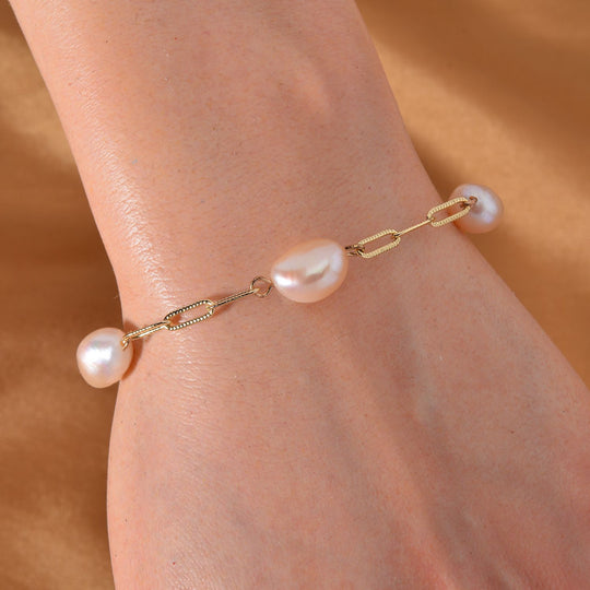 Pfirsich-Süßwasser Perle flexibles Armband, (ca. 10-12mm), 925 Silber, vergoldet