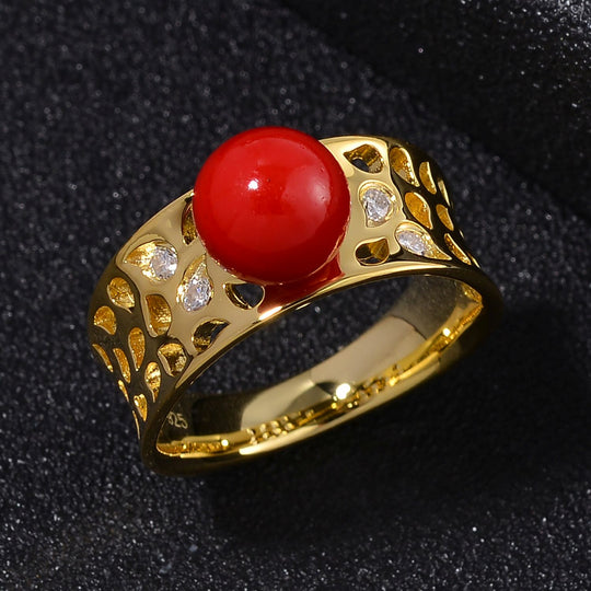 Rote Muschelkernperle, Moissanit Ring 925 Silber vergoldet