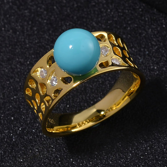 Sleeping Beauty Türkis farbe Muschelperle, Moissanit Ring 925 Silber 750 Gelbgold Vermeil (Größe 17.00)