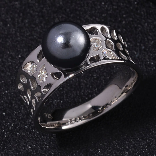 Tahiti Muschelkernperle und Moissanit Ring, 925 Silber platiniert