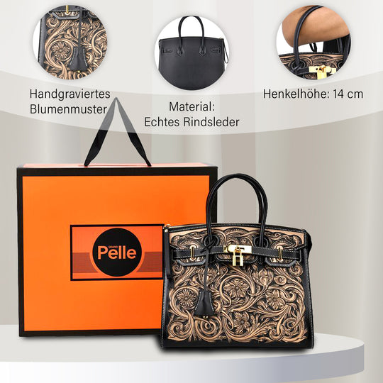 GRAND PELLE Elite Kollektion - Exklusive Handgravierte Leder-Padlock-Handtasche mit Floralem Meisterwerk, Größe 29,5 x 23 x 18 cm, Hellgrün