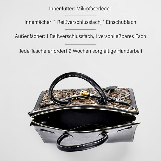GRAND PELLE Elite Kollektion - Exklusive Handgravierte Leder-Padlock-Handtasche mit Floralem Meisterwerk, Größe 29,5 x 23 x 18 cm, Hellgrün