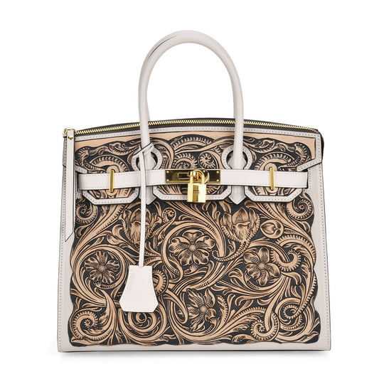 GRAND PELLE Elite Kollektion - Exklusive Handgravierte Leder-Padlock-Handtasche mit Floralem Meisterwerk, Größe 29,5 x 23 x 18 cm, Hellgrün