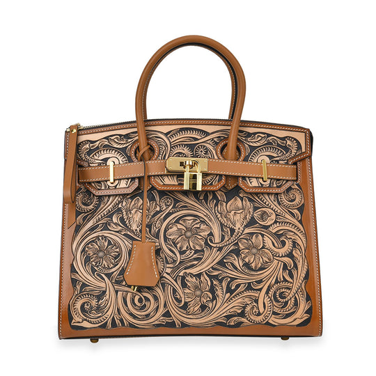 GRAND PELLE Elite Kollektion - Exklusive Handgravierte Leder-Padlock-Handtasche mit Floralem Meisterwerk, Größe 29,5 x 23 x 18 cm, Hellgrün