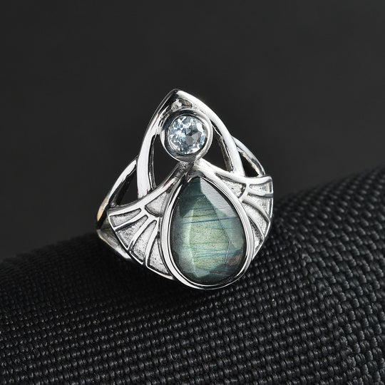 Labradorit, Himmelblauer Topas Ring 316L Edelstahl ca. 3.19 ct