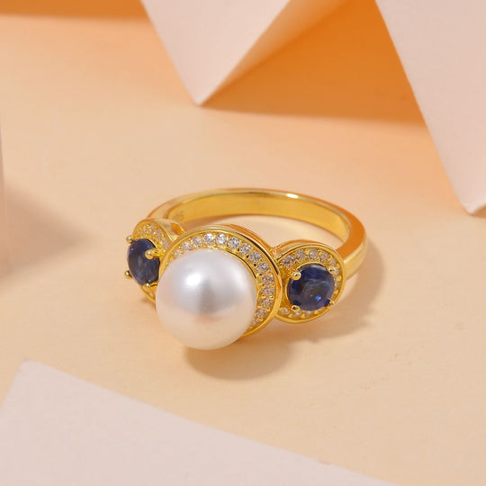 Weißer Muschelkernperle, Kyanit und Zirkon Ring, 925 Silber vergoldet