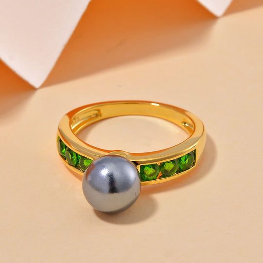 Tahiti Muschelkernperle, Natürlicher Chromdiopsid Ring 925 Silber vergoldet