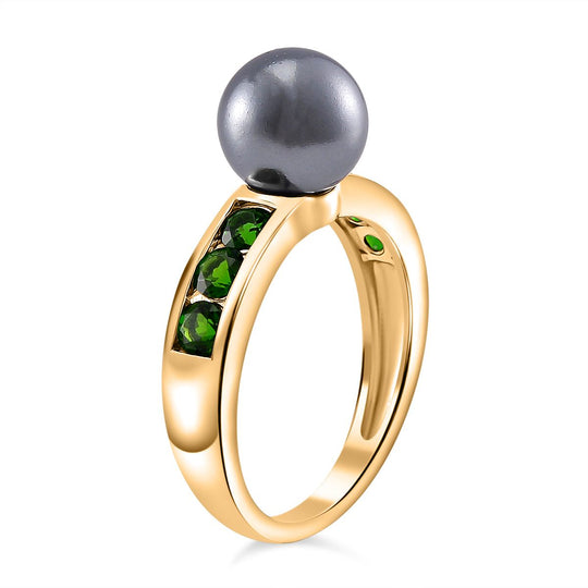 Tahiti Muschelkernperle, Natürlicher Chromdiopsid Ring 925 Silber vergoldet