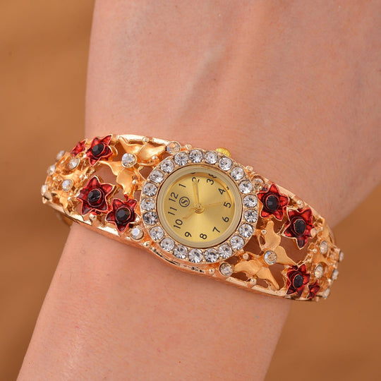 STRADA Bangle-Uhr - Mehrfarbiger Kristall, Japanisches PC21S Uhrwerk, Goldenes Zifferblatt, 316L Edelstahl gehäuse emailliert