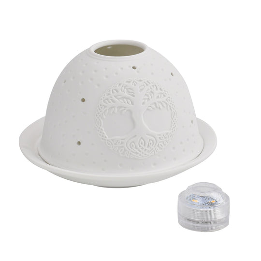 Tealight Candle Holder with LED light Pattern:Bethlehem Made in an unglazed white porcelain Size:Dia10.5xH7.5CM LED Battery: 2*CR2032 Weight:161g Color:white