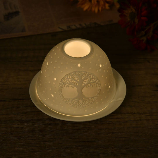 Tealight Candle Holder with LED light Pattern:Bethlehem Made in an unglazed white porcelain Size:Dia10.5xH7.5CM LED Battery: 2*CR2032 Weight:161g Color:white
