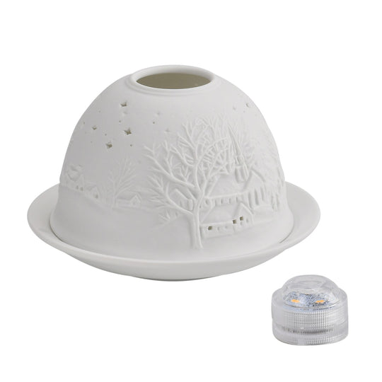 Tealight Candle Holder with LED light Pattern:Bethlehem Made in an unglazed white porcelain Size:Dia10.5xH7.5CM LED Battery: 2*CR2032 Weight:161g Color:white