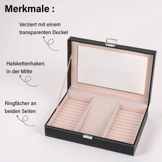 Schmuckorganizer aus PU mit Glasdeckel - ideal für Ringe, Ohrringe, Broschen und Halsketten, 30 x 20 x 8,5 cm, Beige