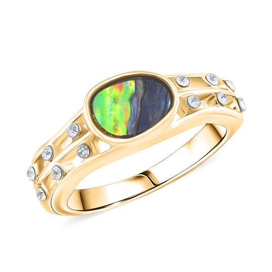 Abalone Muschel, Weißer Kristall Ring, goldfarben (Größe 17.75)