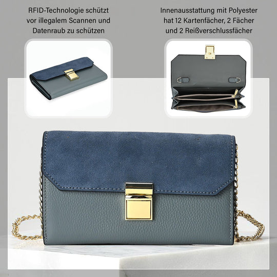 Clutch aus 100% echtem Leder mit RFID Schutz, Größe 20x10 cm, Grau