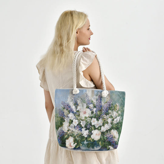 Jacquardgewebte Tasche aus Jute mit Reißverschluss und verstellbarer Kordel Riemen, 42x37x34cm, Blumenstrauß