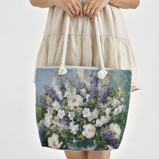 Jacquardgewebte Tasche aus Jute mit Reißverschluss und verstellbarer Kordel Riemen, 42x37x34cm, Blumenstrauß