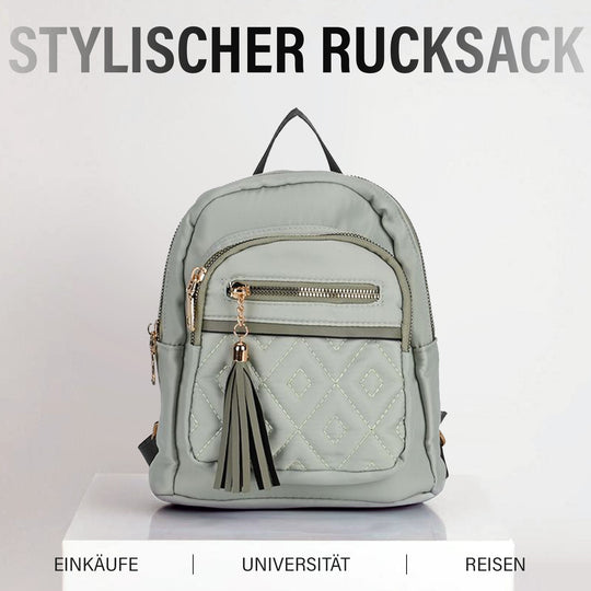 Moderner Rucksack in Steppoptik - Leicht, mit 3 Reißverschlusstaschen und gepolsterten Schulterriemen, 18 x 9 x 24 cm, Khaki