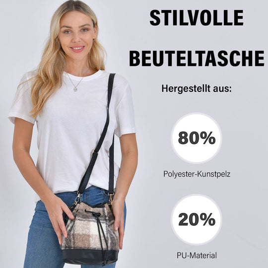Bucket Crossbody Bag - Modische Beuteltasche mit Kordelzug, Beige Kontrast-Karo-Kunstfell, Größe: 22x18x25 cm