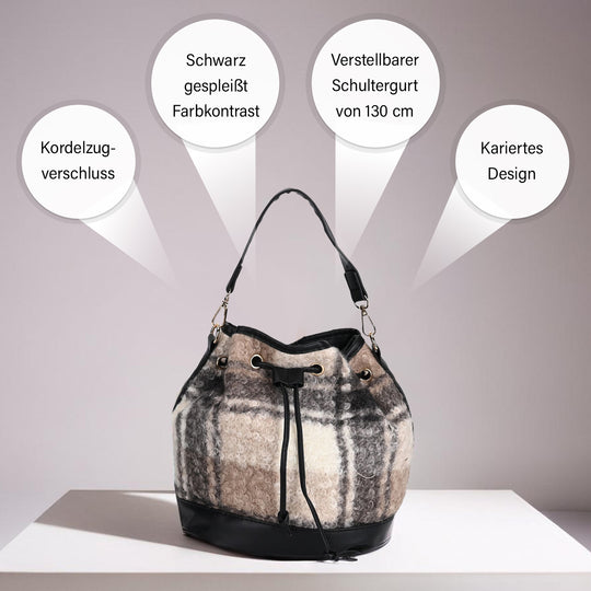 Bucket Crossbody Bag - Modische Beuteltasche mit Kordelzug, Beige Kontrast-Karo-Kunstfell, Größe: 22x18x25 cm