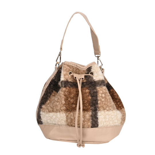 Bucket Crossbody Bag - Modische Beuteltasche mit Kordelzug, Beige Kontrast-Karo-Kunstfell, Größe: 22x18x25 cm